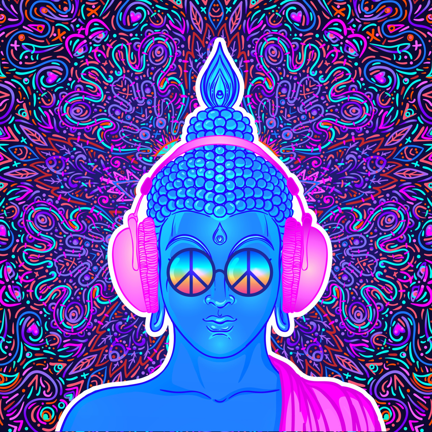 Digital Buddha logo — neon meditating figure with headphones